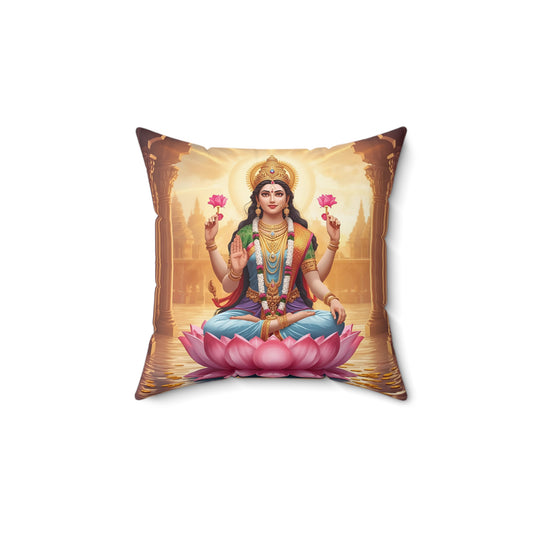 Square cushion with full-color print of Goddess Lakshmi seated on a lotus flower, framed by golden temple pillars and glowing aura.