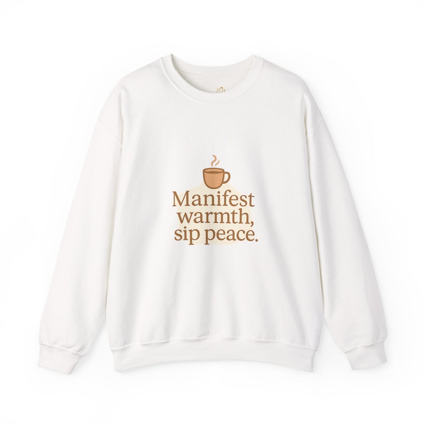 White sweatshirt with warm brown coffee cup graphic and the quote “Manifest warmth, sip peace.” – minimalist winter self-care sweatshirt by Druvs.