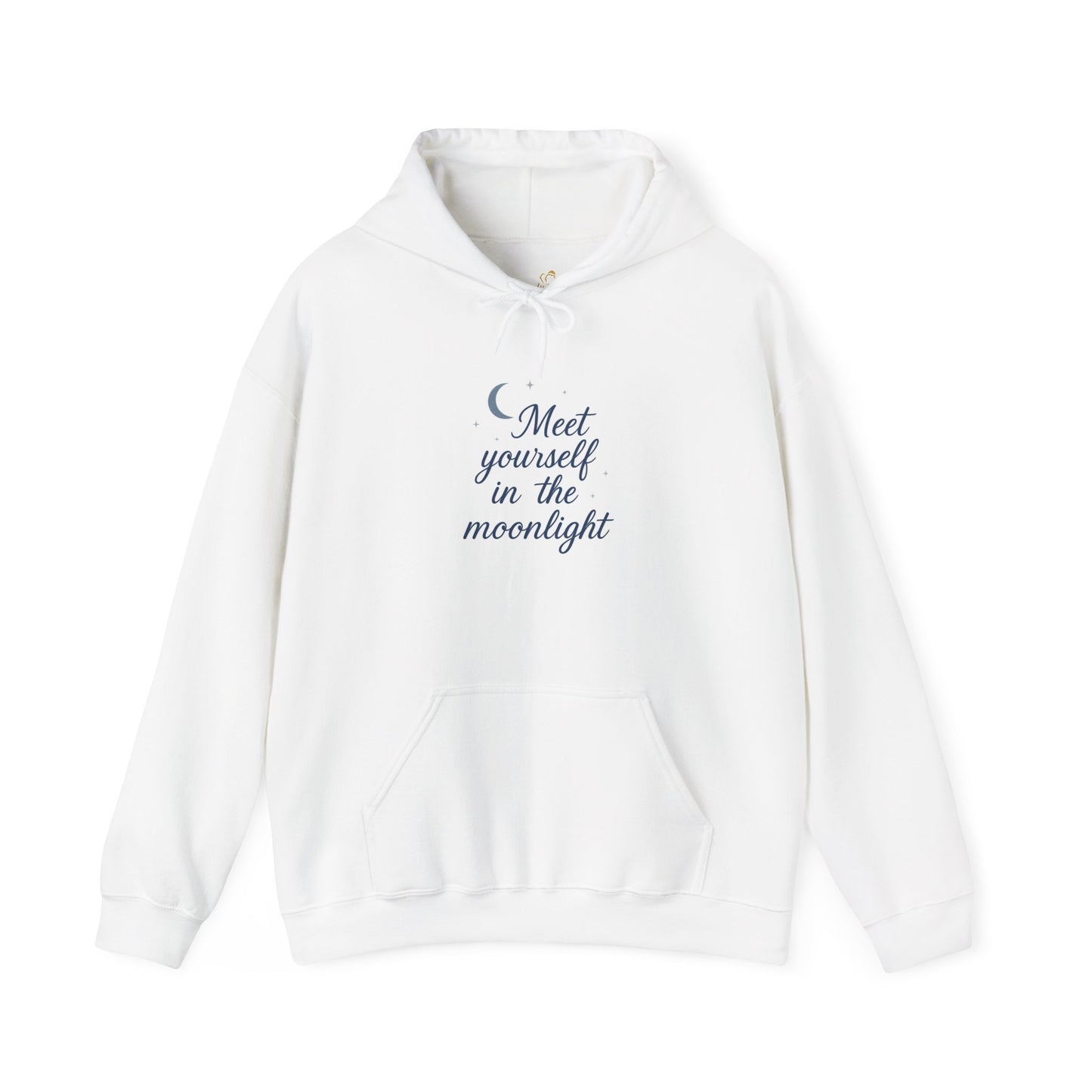 White hoodie with soft blue text: “Meet yourself in the moonlight” and a small crescent moon above. Spiritual and minimalist winterwear.