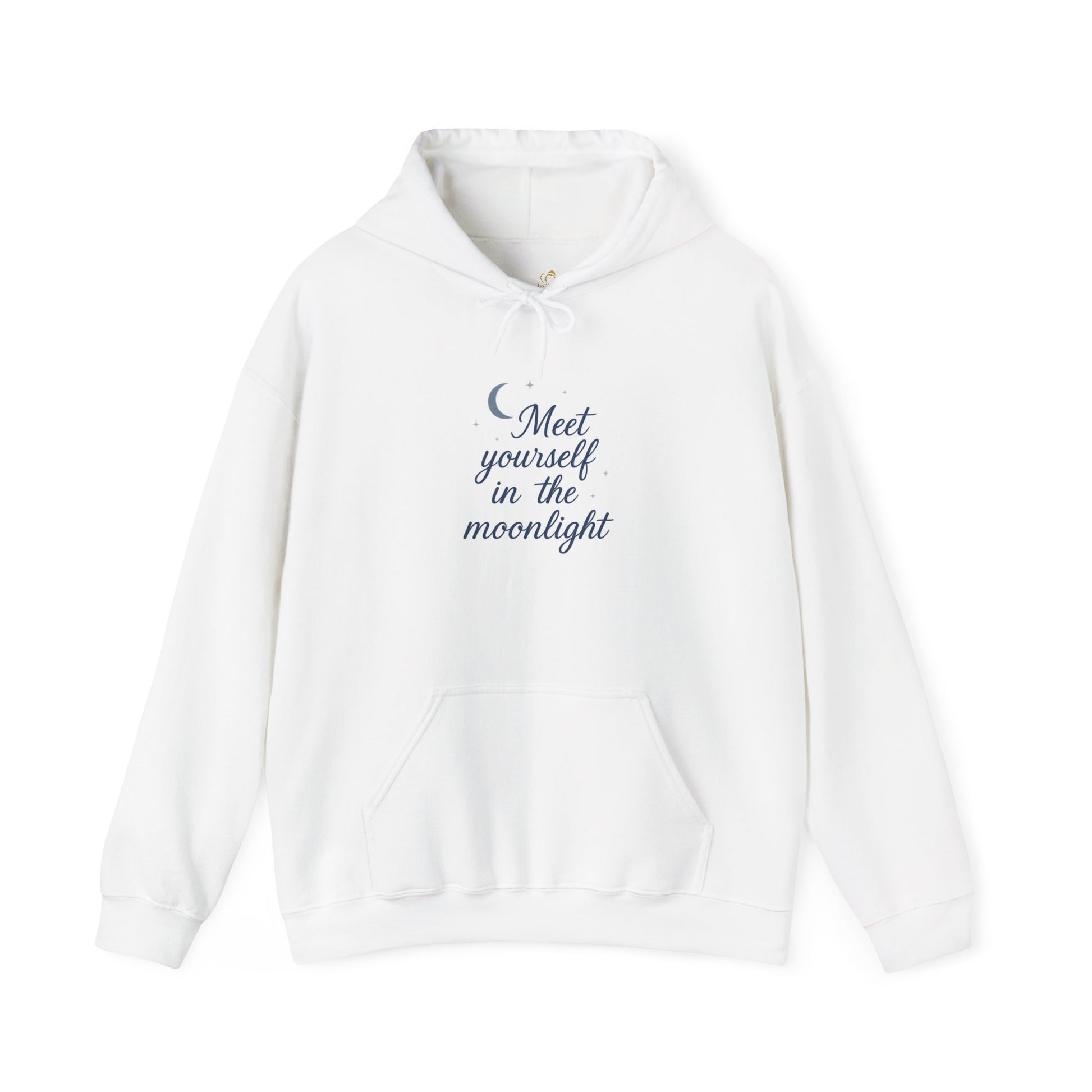 White hoodie with soft blue text: “Meet yourself in the moonlight” and a small crescent moon above. Spiritual and minimalist winterwear.