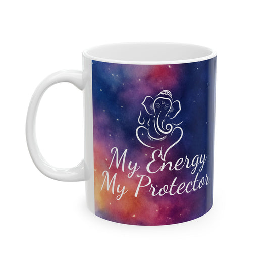 White ceramic mug with vibrant galaxy background, Ganesh line art, and the affirmation “My Energy, My Protector” on one side, “Protected. Aligned. Flowing.” on the other.