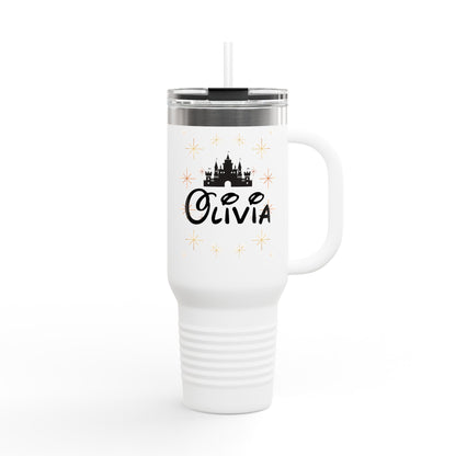 White stainless steel travel mug with black handle and lid, featuring a black Disney-style castle and the name "Olivia" with sparkles around.