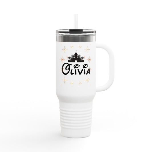 White stainless steel travel mug with black handle and lid, featuring a black Disney-style castle and the name "Olivia" with sparkles around.