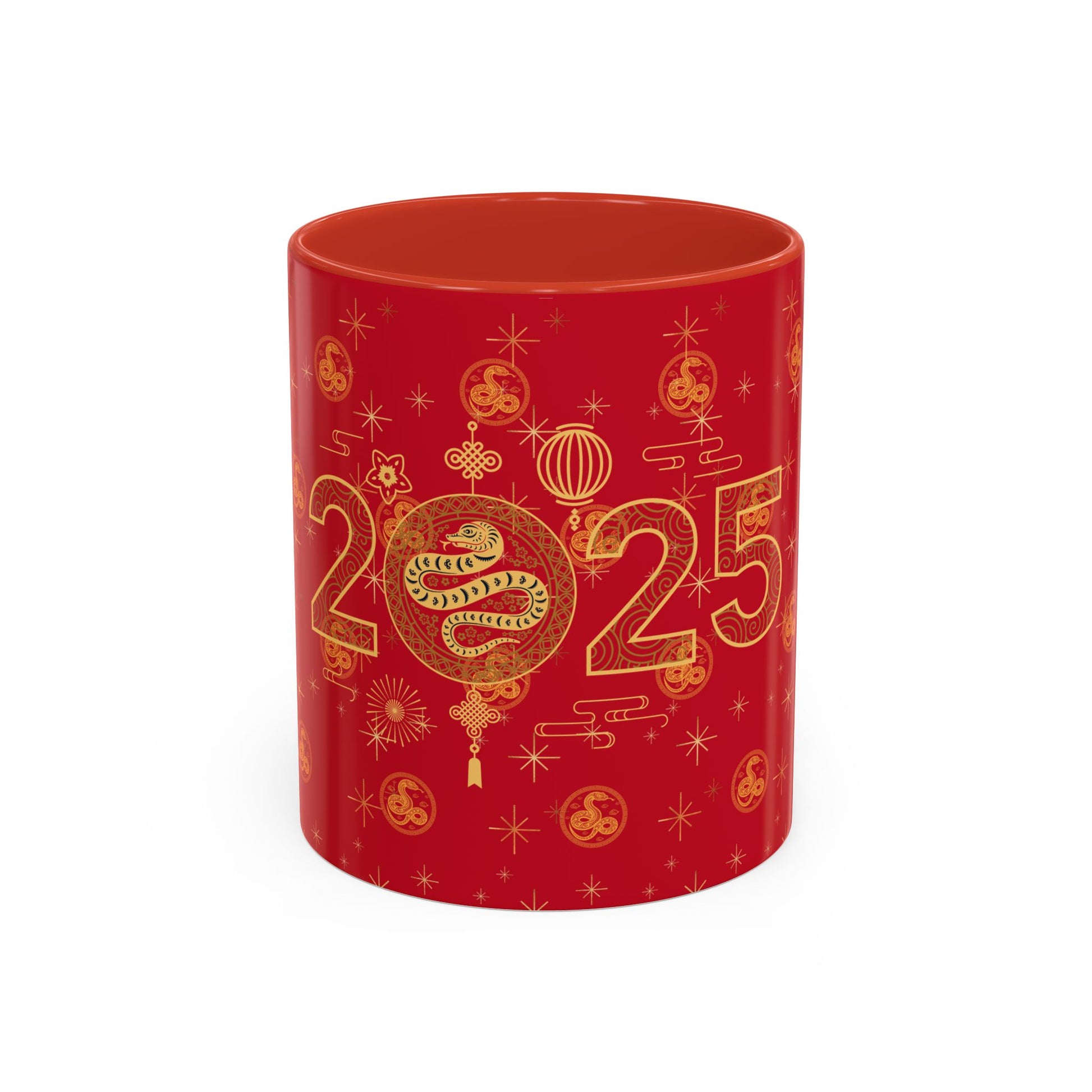 Red ceramic mug with gold 2025 and zodiac snake design, surrounded by Chinese New Year symbols and lucky patterns.