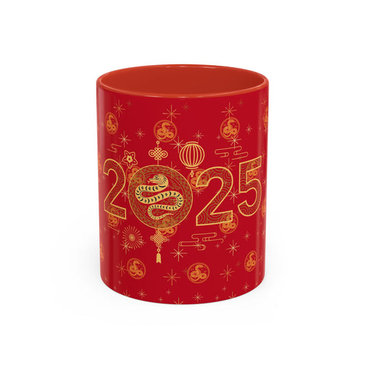 Red ceramic mug with gold 2025 and zodiac snake design, surrounded by Chinese New Year symbols and lucky patterns.