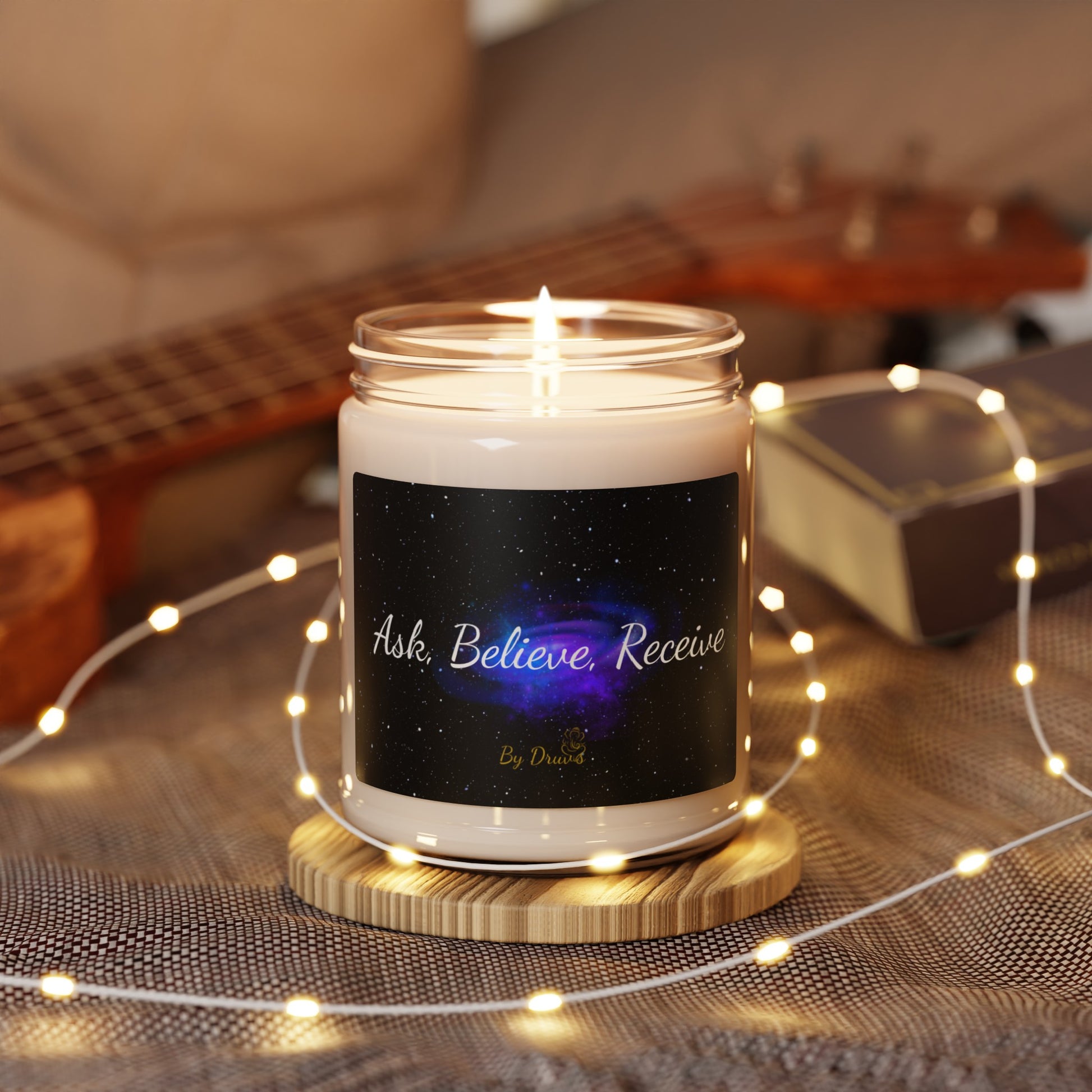 Scented Soy Candle Jar with ask believe receive  lit jar 