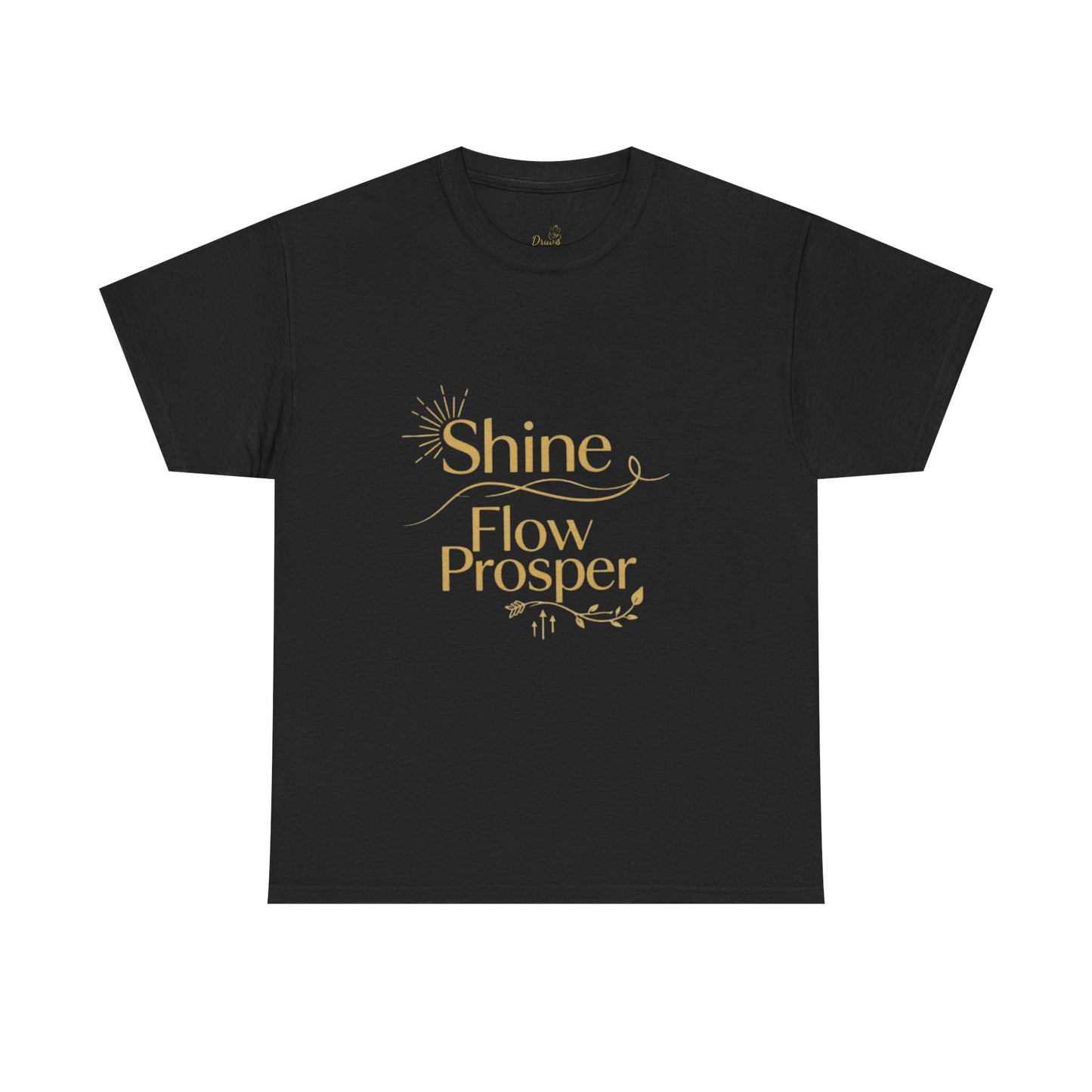 Unisex affirmation t-shirt in black with golden Shine Flow Prosper quote – Luxe Edition by Druvs.