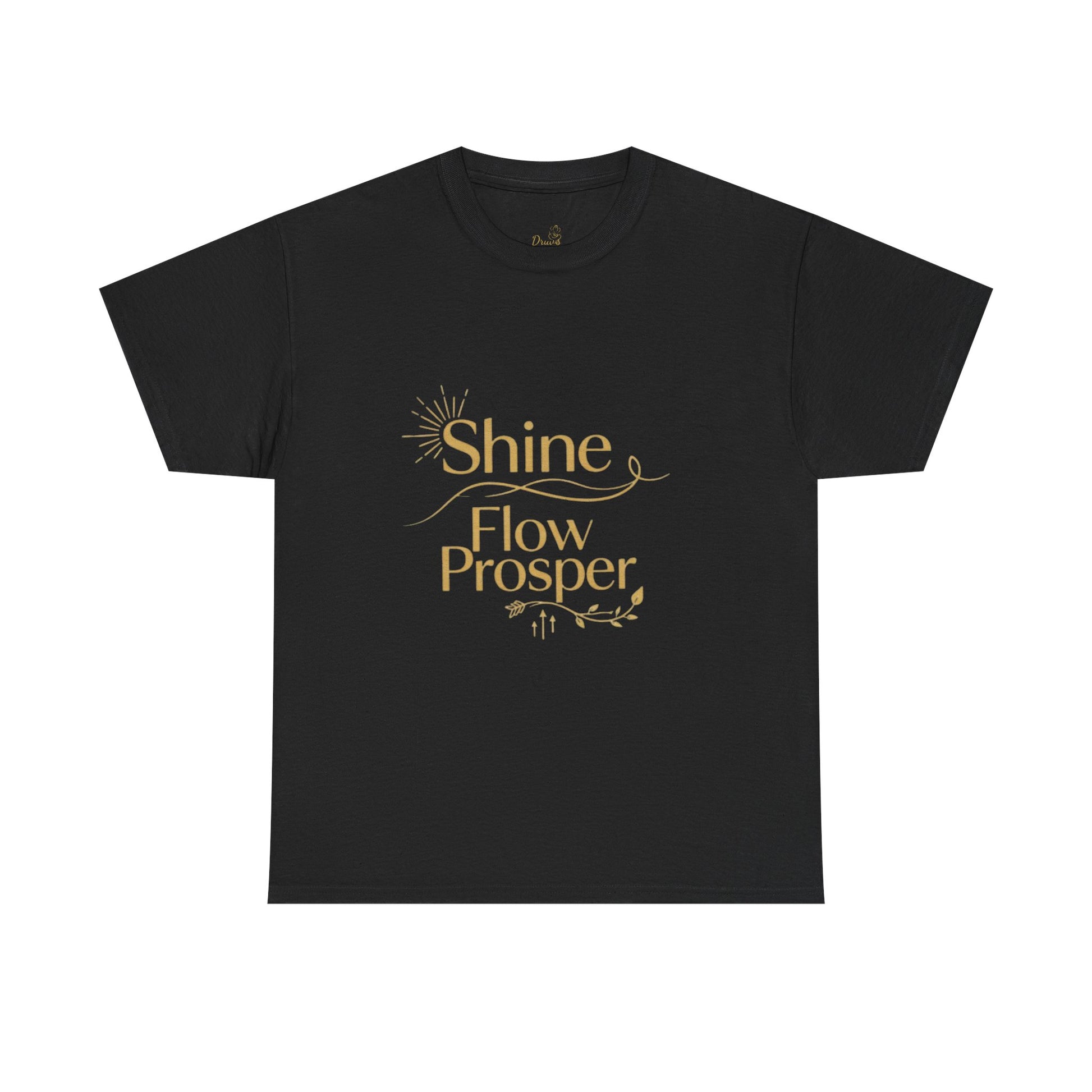 Unisex affirmation t-shirt in black with golden Shine Flow Prosper quote – Luxe Edition by Druvs.