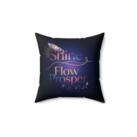 Galaxy-themed throw pillow with Shine Flow Prosper affirmation – spiritual decor cushion by Druvs