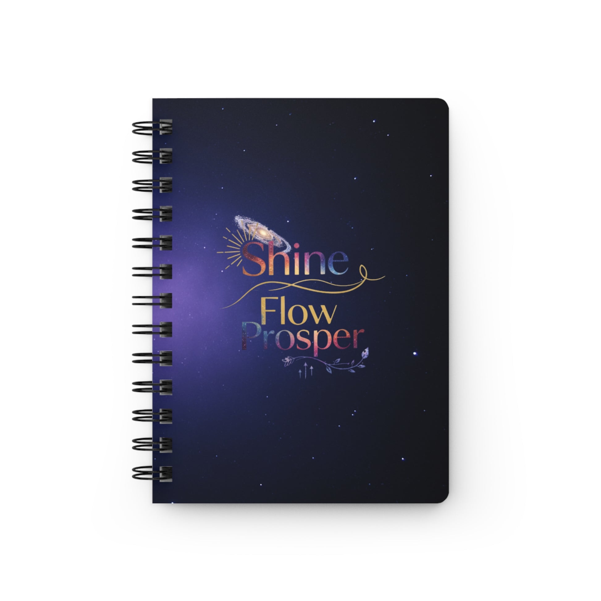 Purple galaxy spiral journal with Shine Flow Prosper cosmic typography – manifestation notebook by Druvs