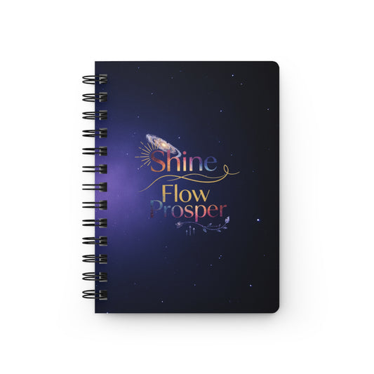 Purple galaxy spiral journal with Shine Flow Prosper cosmic typography – manifestation notebook by Druvs