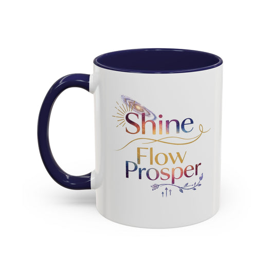 Ceramic mug with cosmic galaxy Shine Flow Prosper design in rainbow tones with navy handle and interior – spiritual mug by Druvs