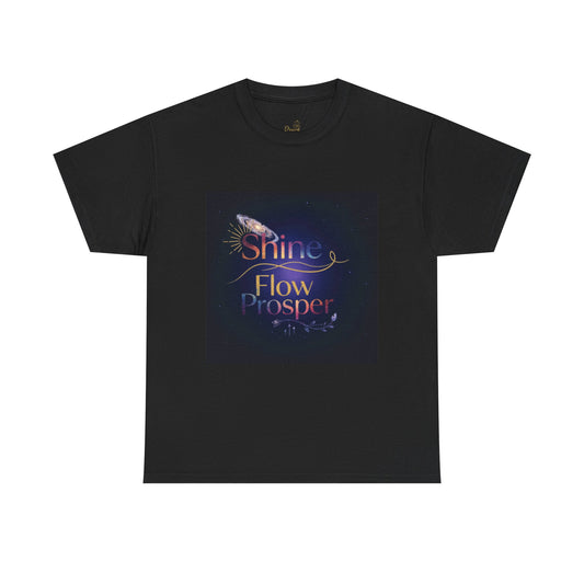 Black unisex t-shirt featuring cosmic Shine Flow Prosper design in gradient colors with galaxy details – by Druvs