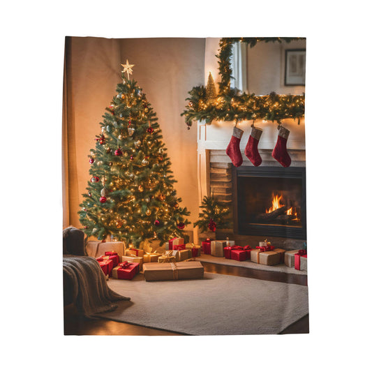 Velveteen fleece blanket with photo of cozy Christmas scene – fireplace, tree with lights, stockings, and wrapped gifts