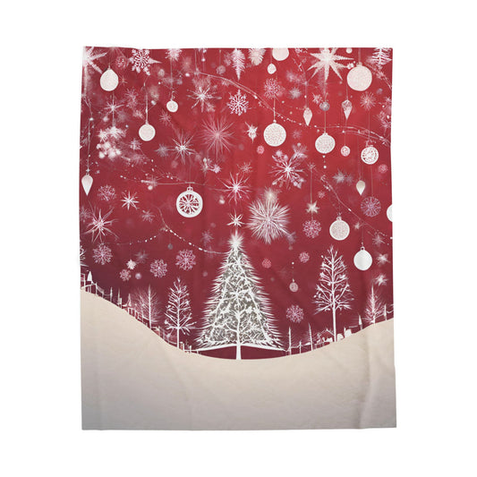 Red and white velveteen fleece blanket with snowflake, ornament, and Christmas tree design – soft and festive for the holidays