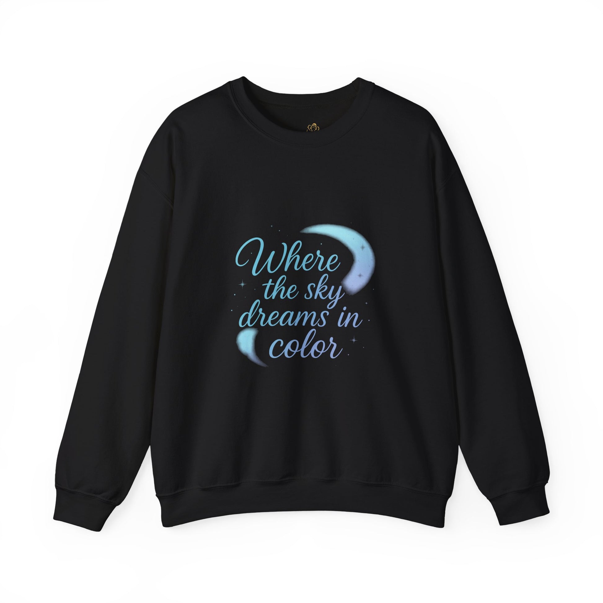Black unisex sweatshirt with watercolor crescent moons and the text “Where the sky dreams in color” in soft blue — dreamy celestial apparel by Druvs.