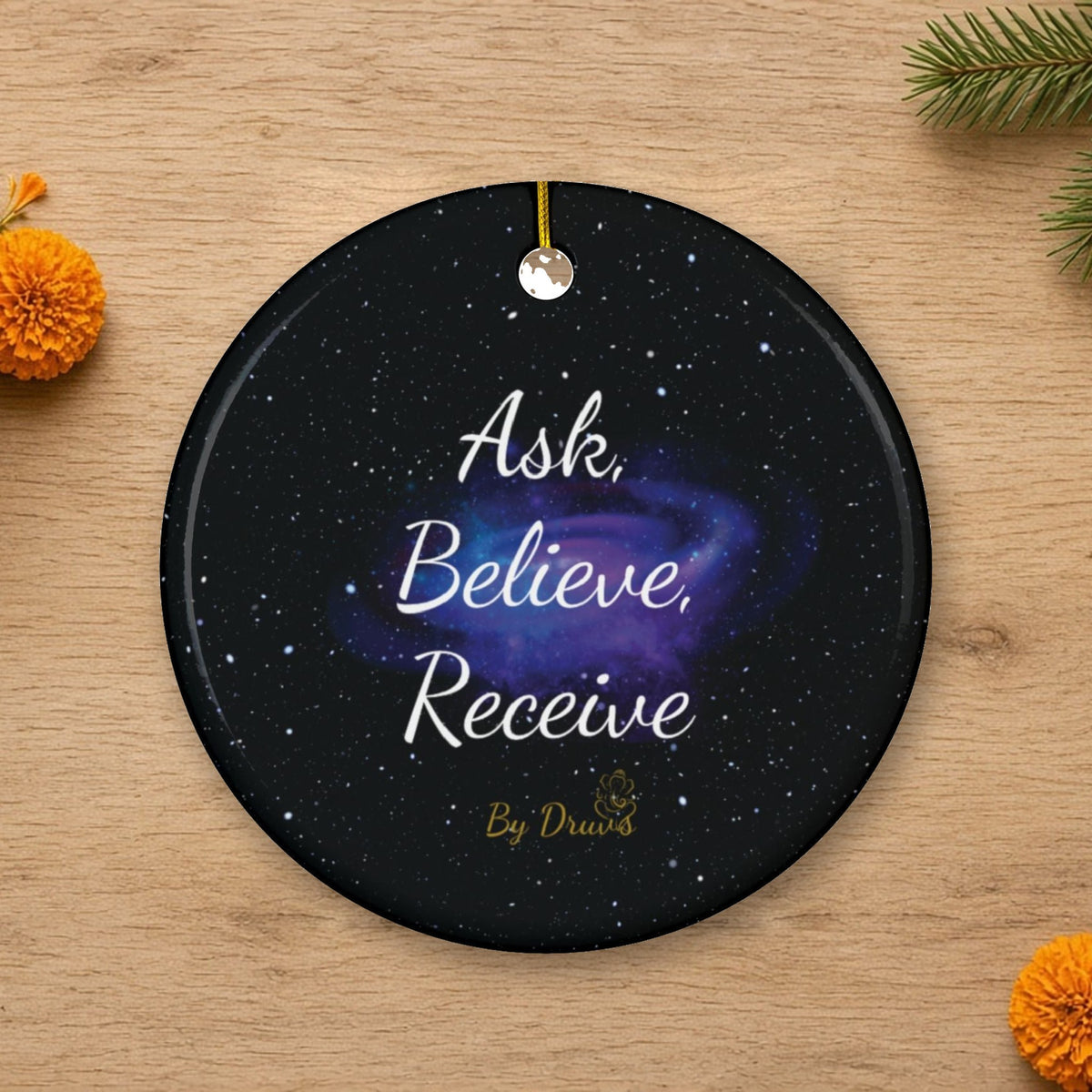 ask believe receive ceramic ornament cosmic law of attraction holiday decor