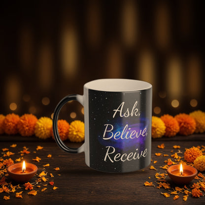 Ask Believe Receive color-changing mug with Diwali diyas and festive lights