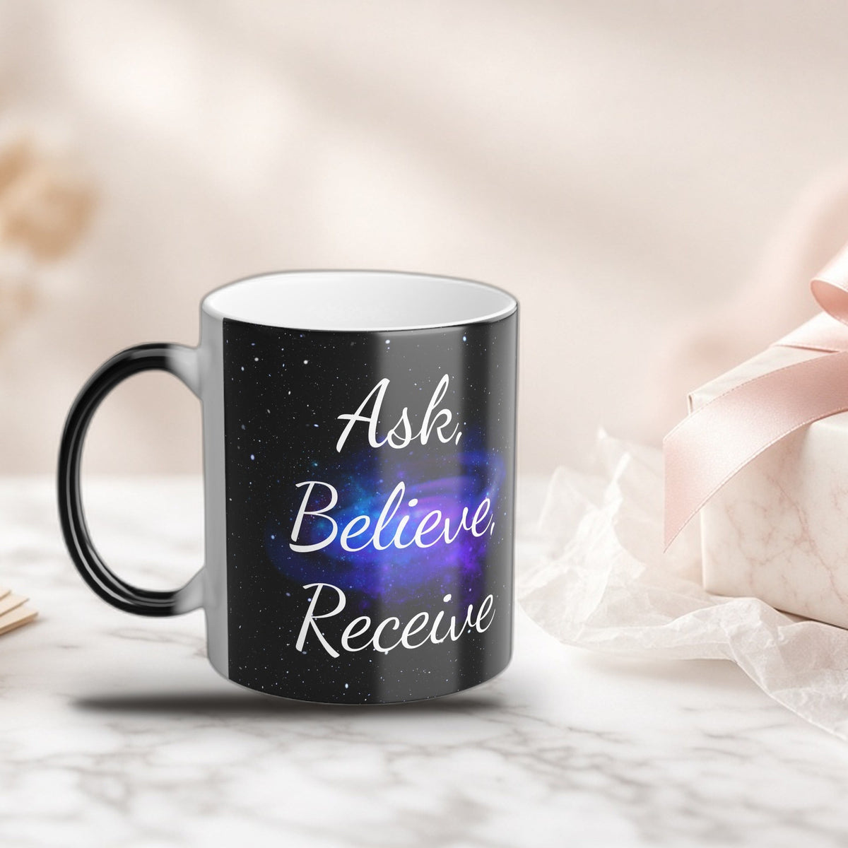 Ask Believe Receive color-changing mug as a wrapped gift
