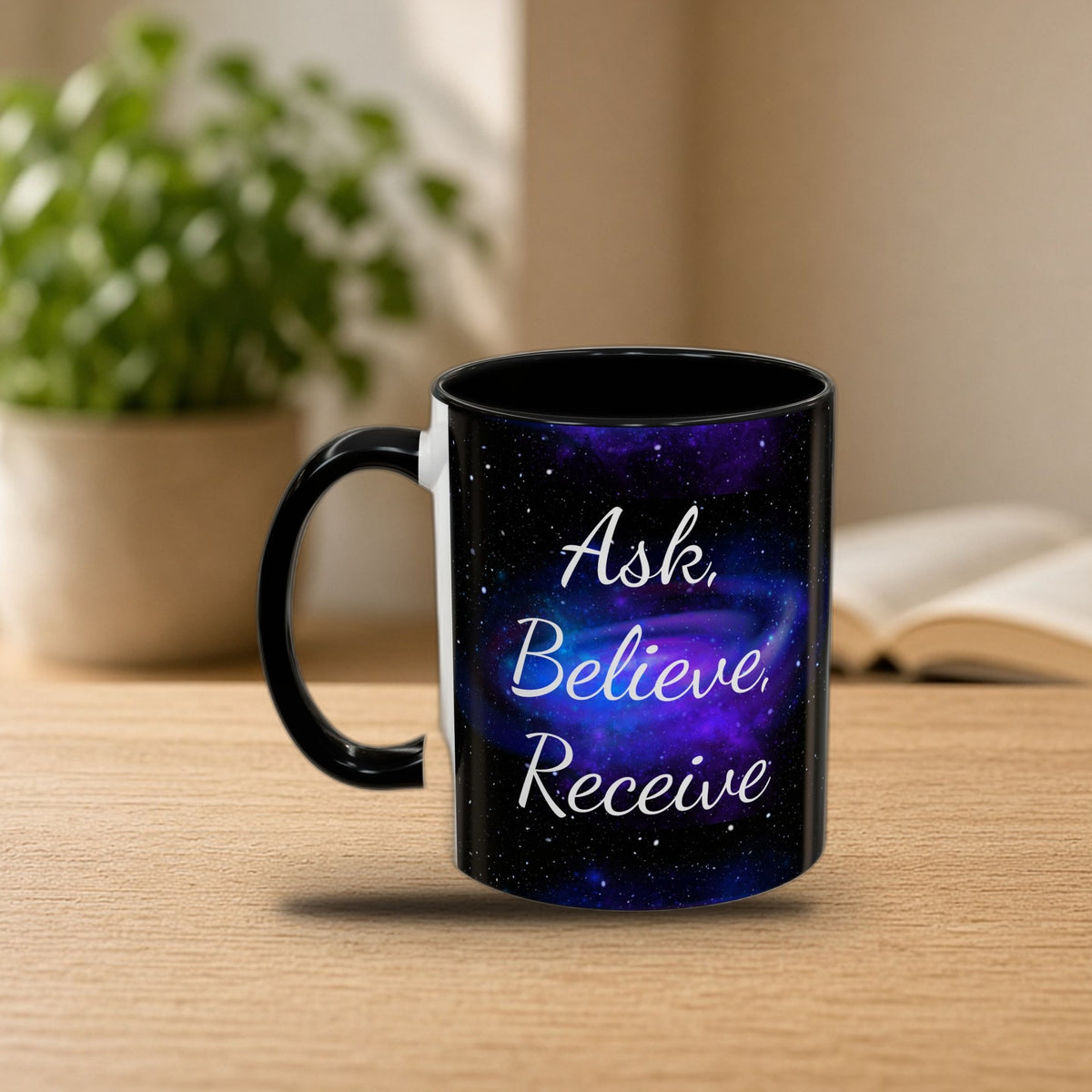 Ask Believe Receive two-tone manifestation mug on a cozy morning desk