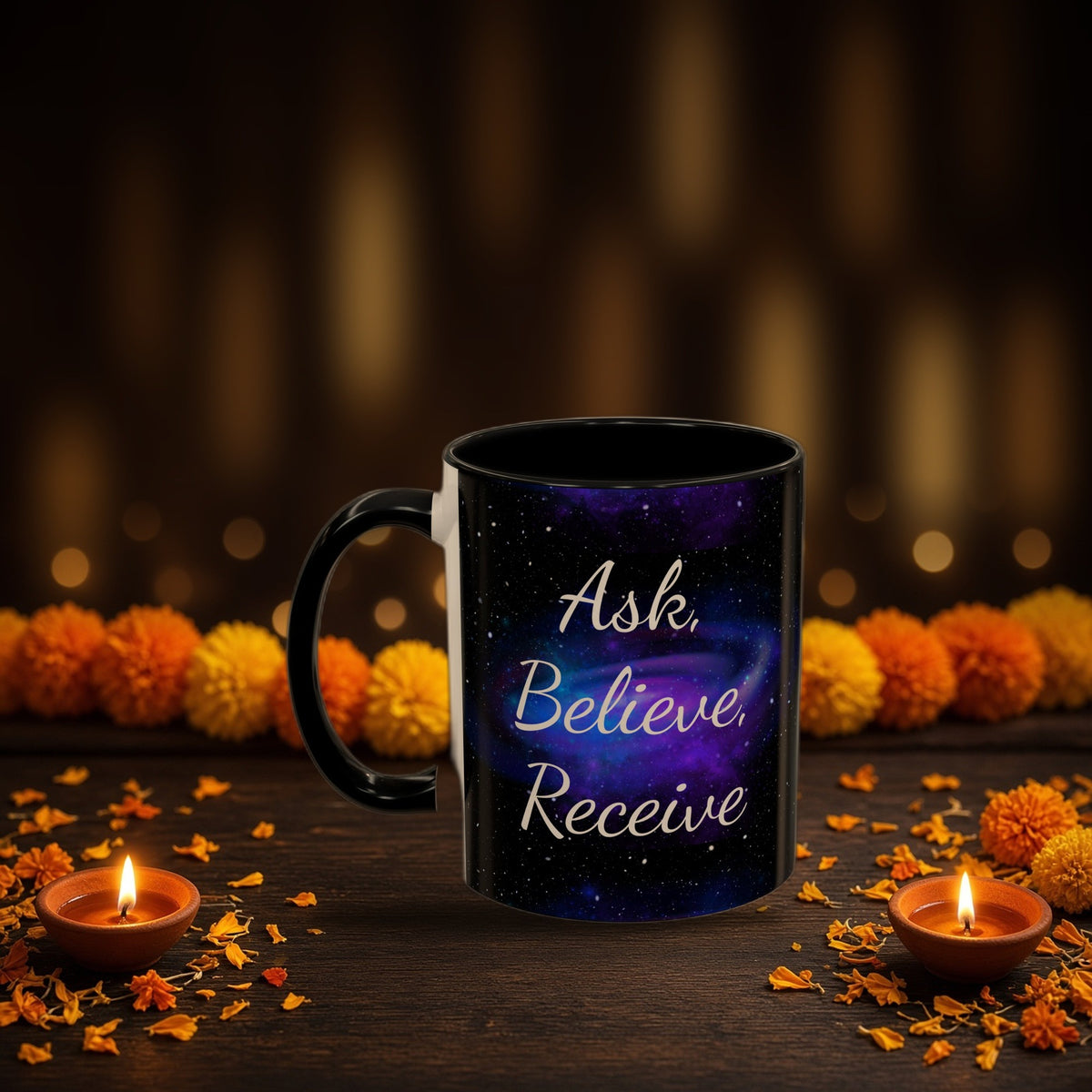 Ask Believe Receive two-tone manifestation mug with Diwali diyas and festive lights