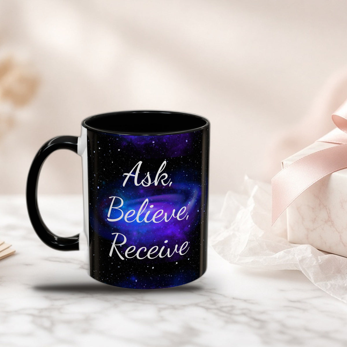 Ask Believe Receive two-tone manifestation mug as a wrapped gift