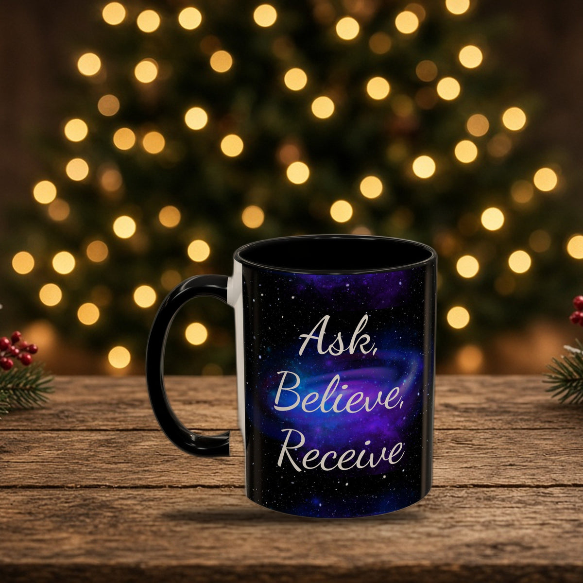 Ask Believe Receive two-tone manifestation mug in a Christmas holiday setting