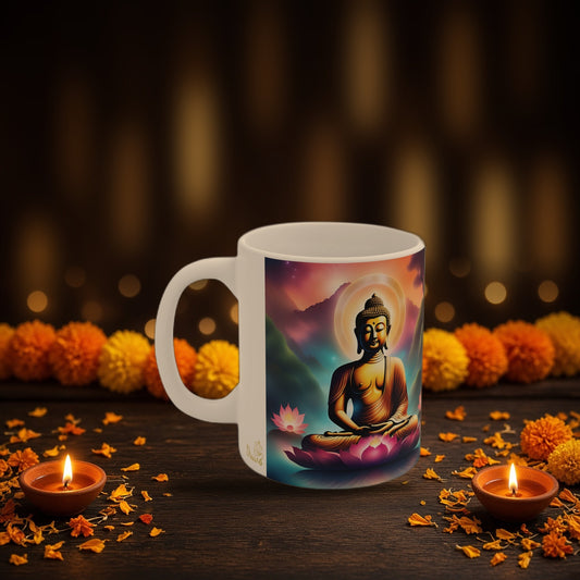 Buddha zen mug with Diwali diyas and festive lights