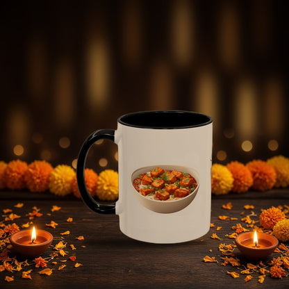 Chai Paneer Dosa two-tone mug with Diwali diyas and festive lights
