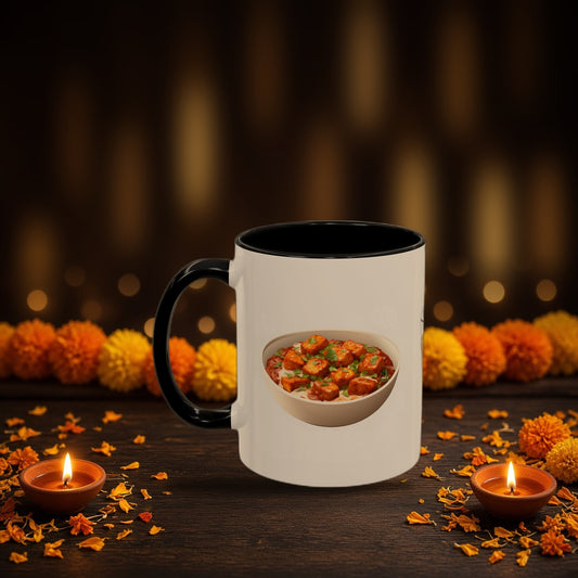 Chai Paneer Dosa two-tone mug with Diwali diyas and festive lights