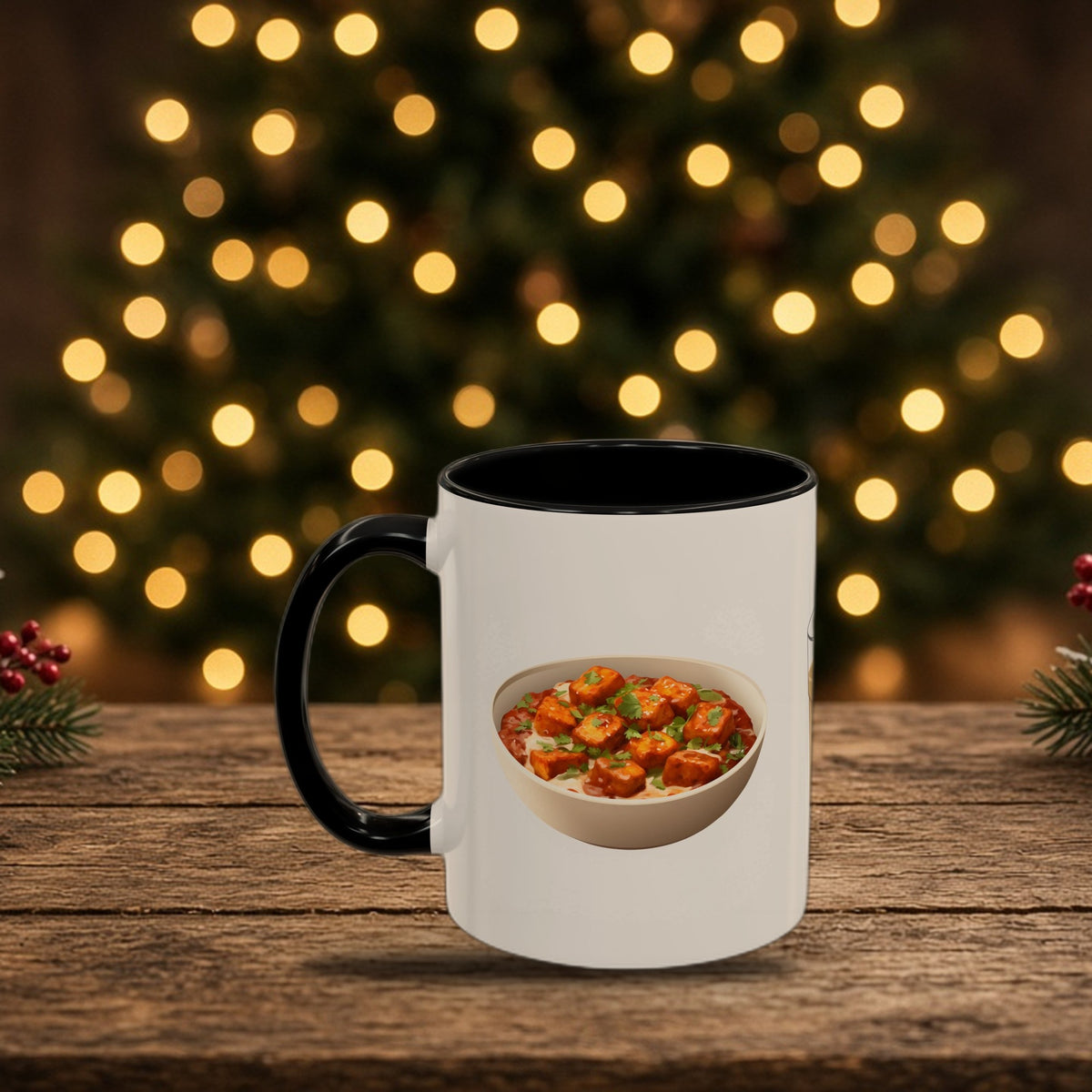 Chai Paneer Dosa two-tone mug in a Christmas holiday setting