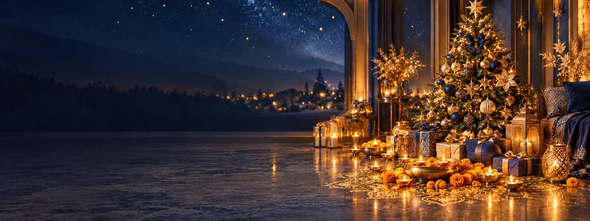 Bright Diwali and Christmas scene with glowing diyas, rangoli and a decorated Christmas tree