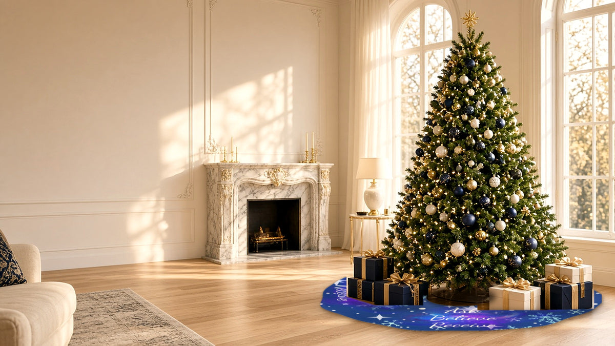 Ask Believe Receive Christmas tree skirt under a navy and gold tree in a bright luxury living room