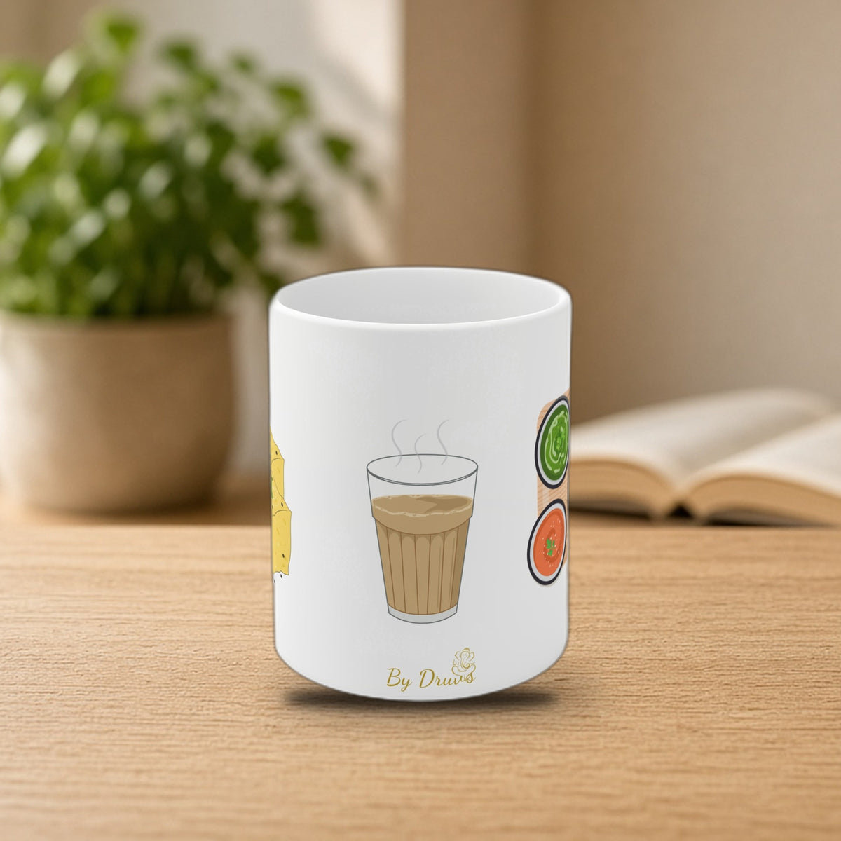 Funny Indian chai paratha dhokla mug on a cozy morning desk