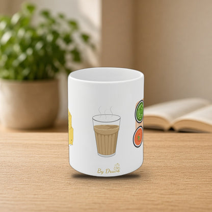 Funny Indian chai paratha dhokla mug on a cozy morning desk