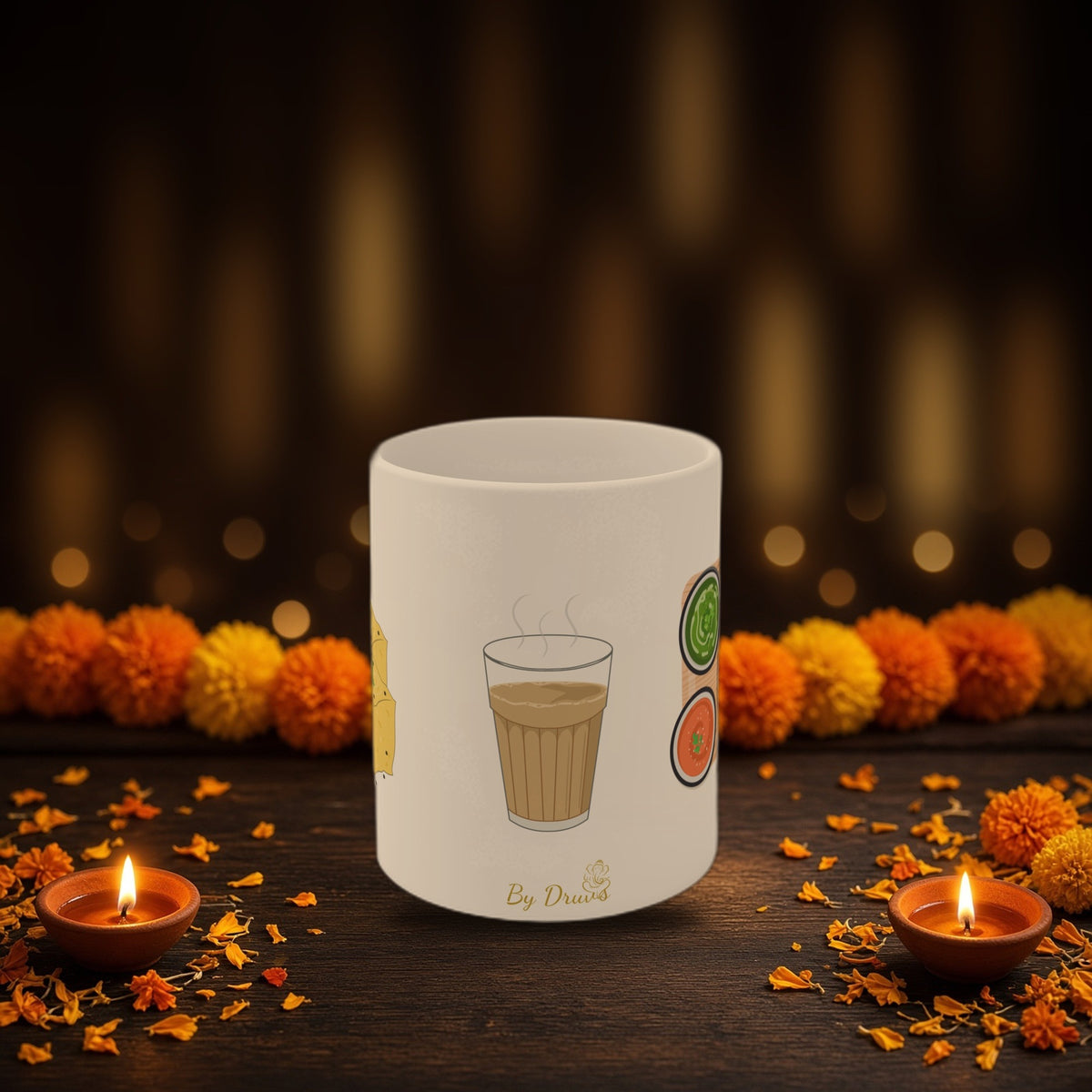 Funny Indian chai paratha dhokla mug with Diwali diyas and festive lights