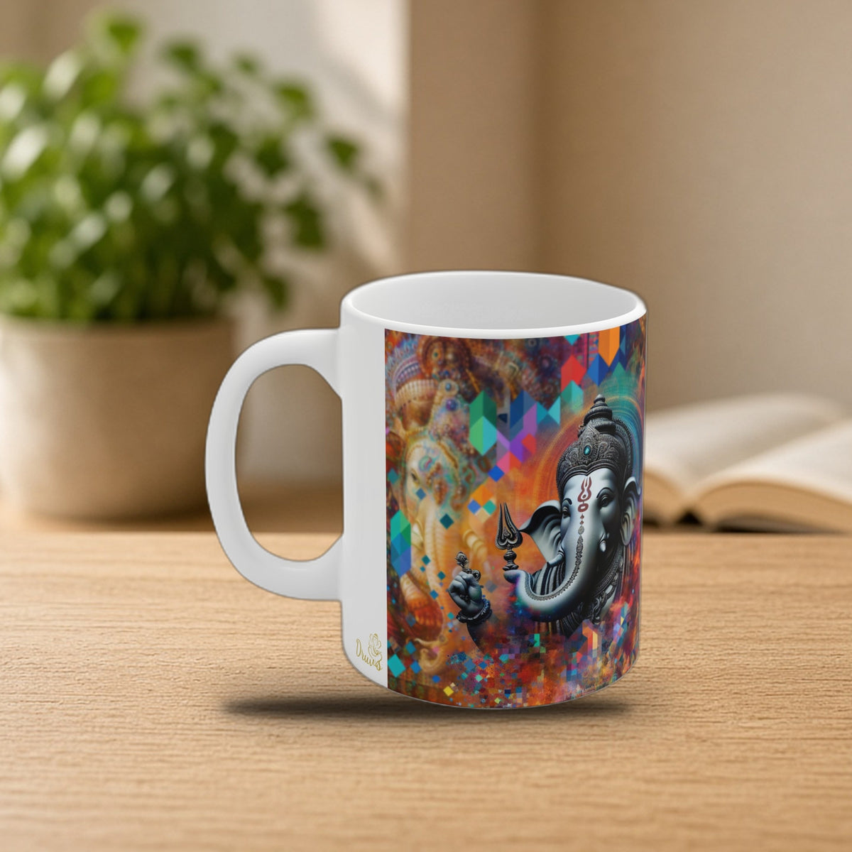 Lord Ganesh vibrant coffee mug on a cozy morning desk