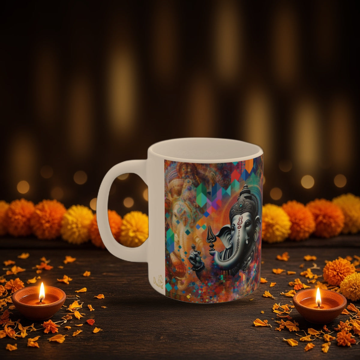 Lord Ganesh vibrant coffee mug with Diwali diyas and festive lights