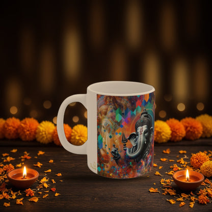 Lord Ganesh vibrant coffee mug with Diwali diyas and festive lights