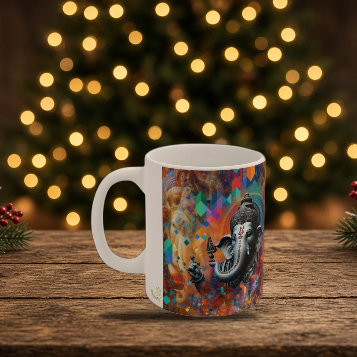 Lord Ganesh vibrant coffee mug in a Christmas holiday setting