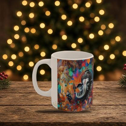 Lord Ganesh vibrant coffee mug in a Christmas holiday setting
