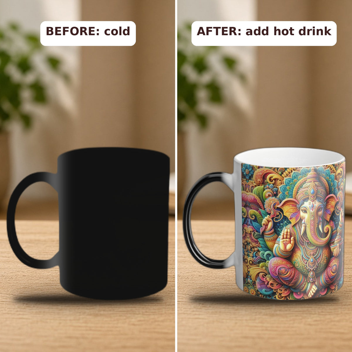 Lord Ganesha color-changing mug before and after hot liquid, color-changing effect
