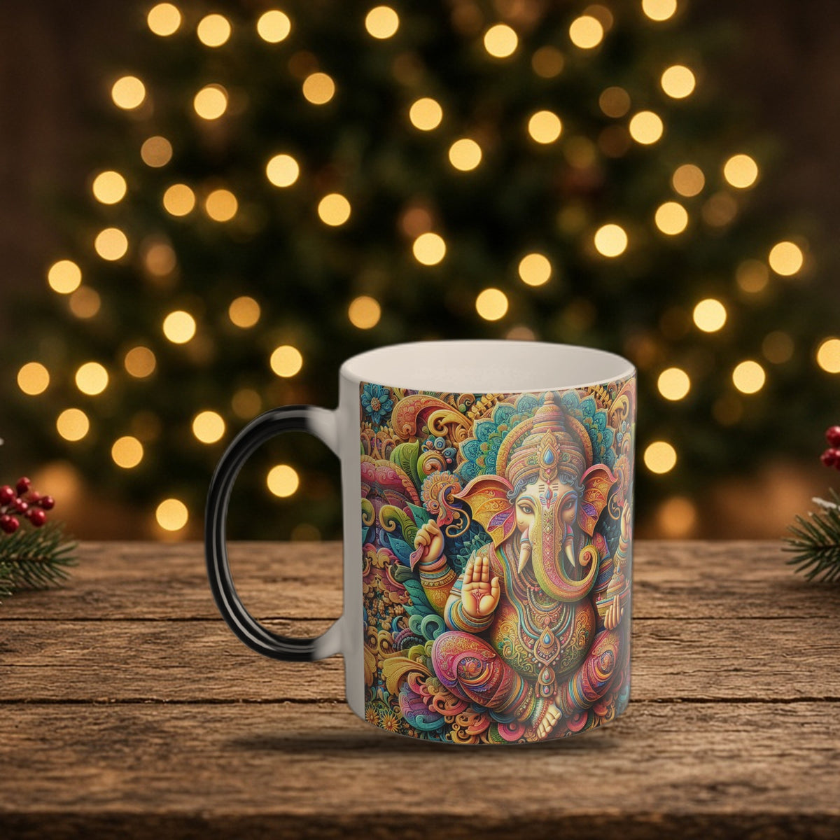 Lord Ganesha color-changing mug in a Christmas holiday setting
