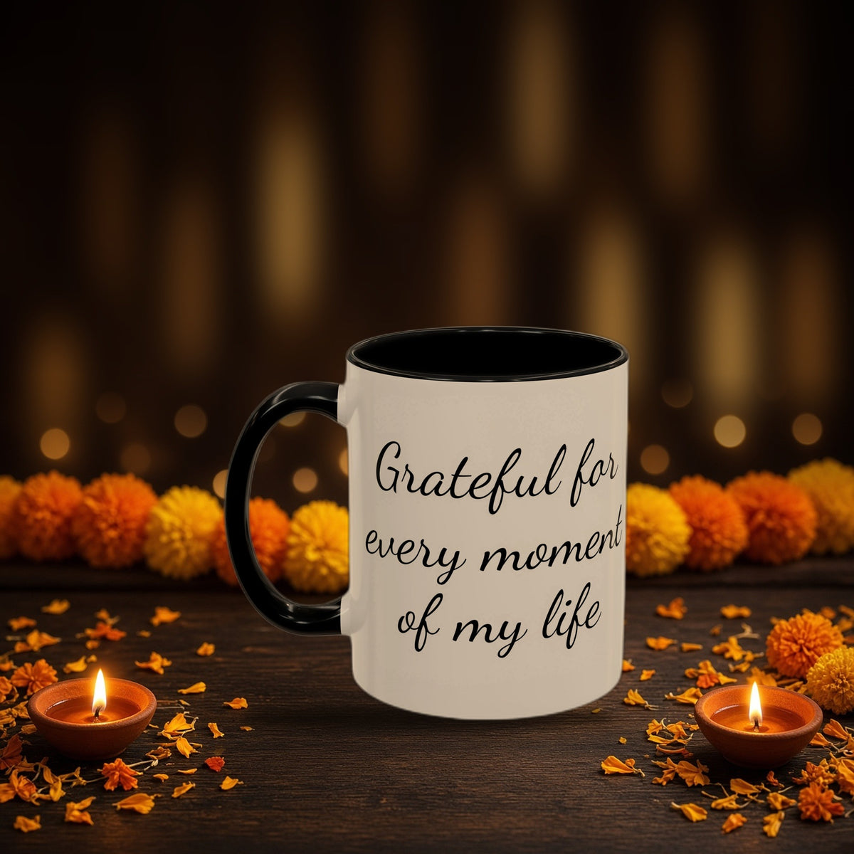 Gratitude quote two-tone mug with Diwali diyas and festive lights
