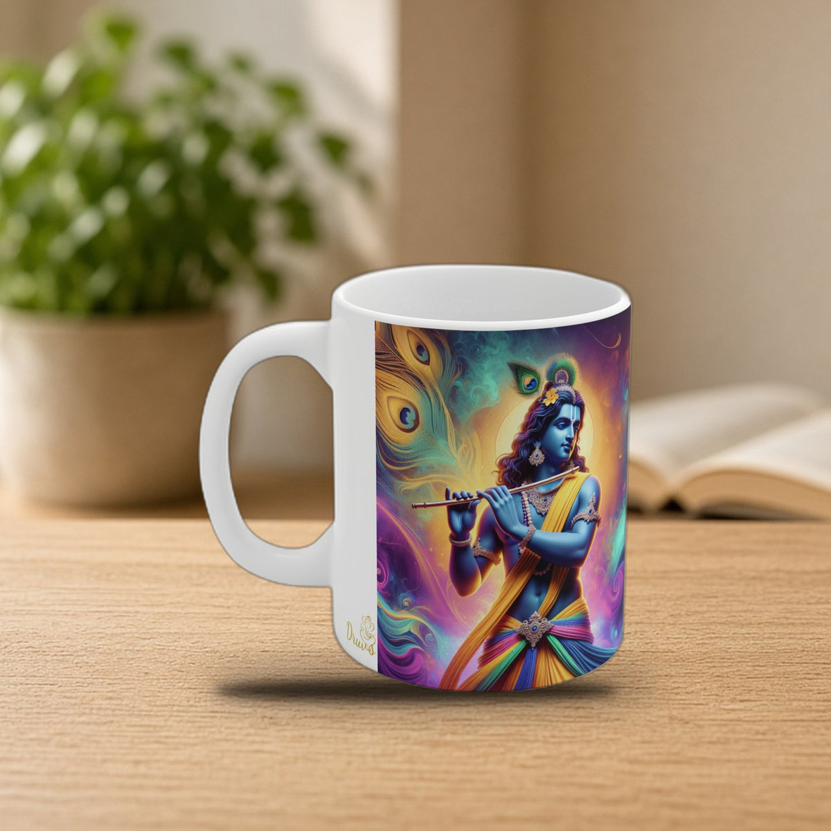 Krishna spiritual mug on a cozy morning desk