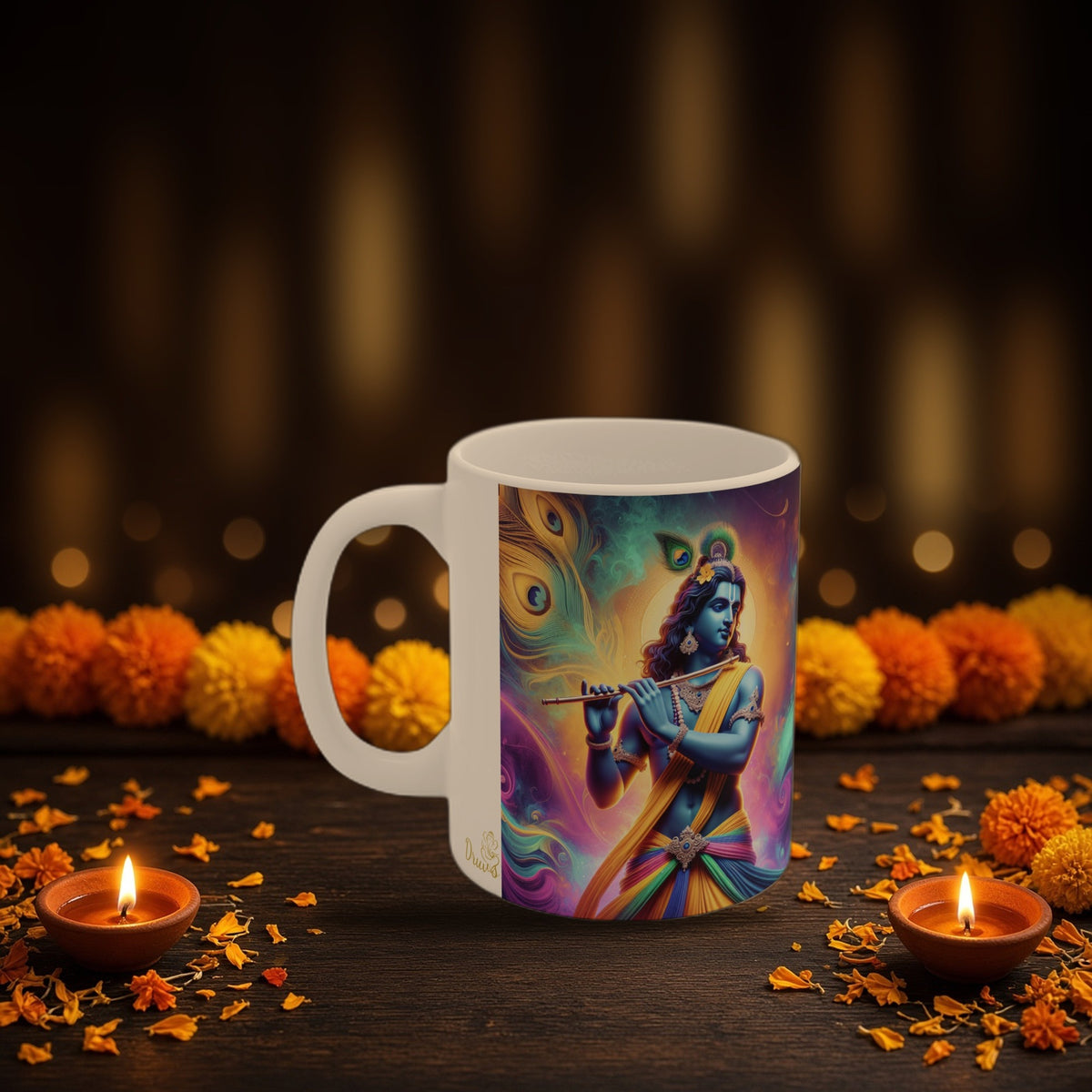 Krishna spiritual mug with Diwali diyas and festive lights
