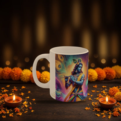 Krishna spiritual mug with Diwali diyas and festive lights