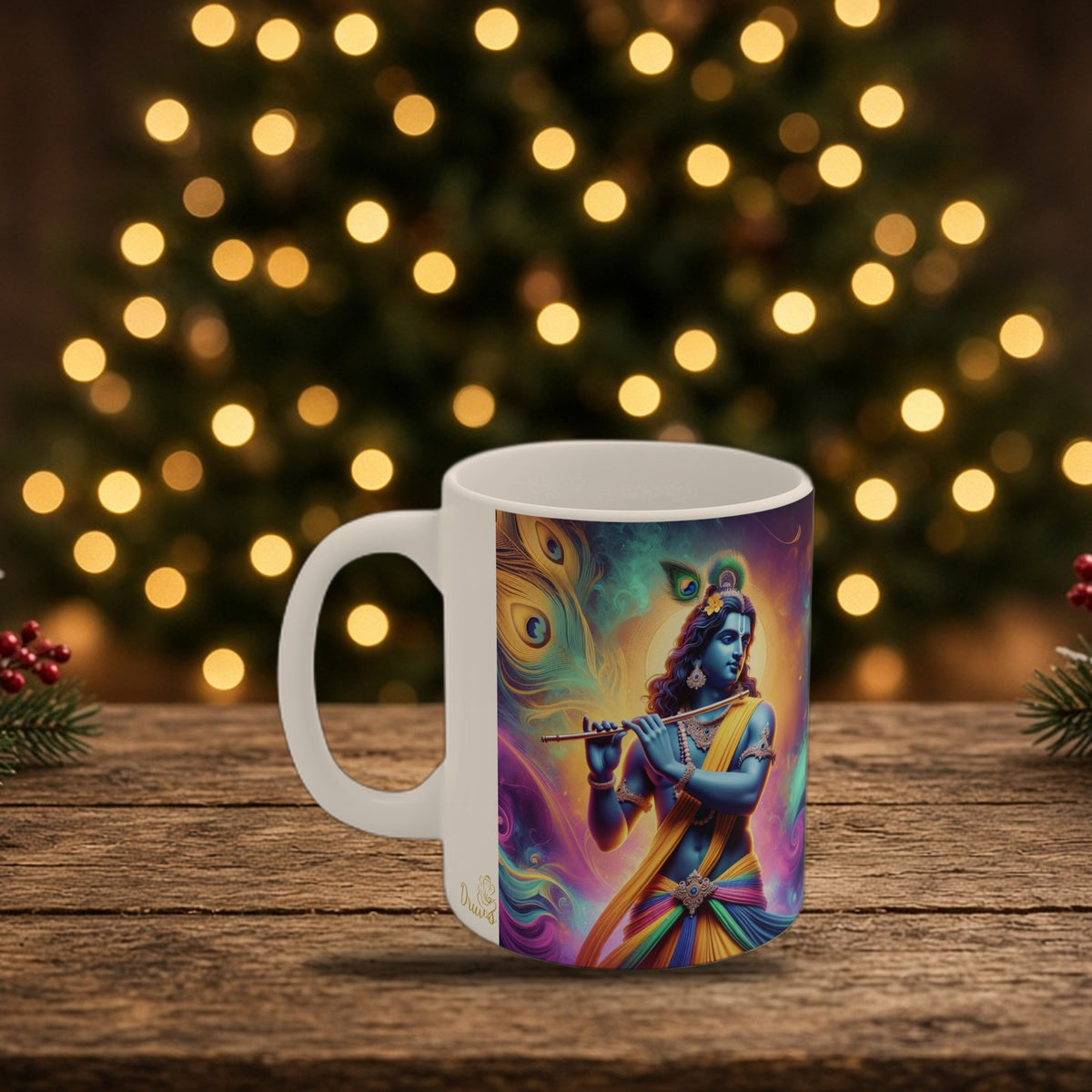 Krishna spiritual mug in a Christmas holiday setting
