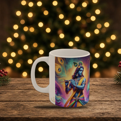 Krishna spiritual mug in a Christmas holiday setting