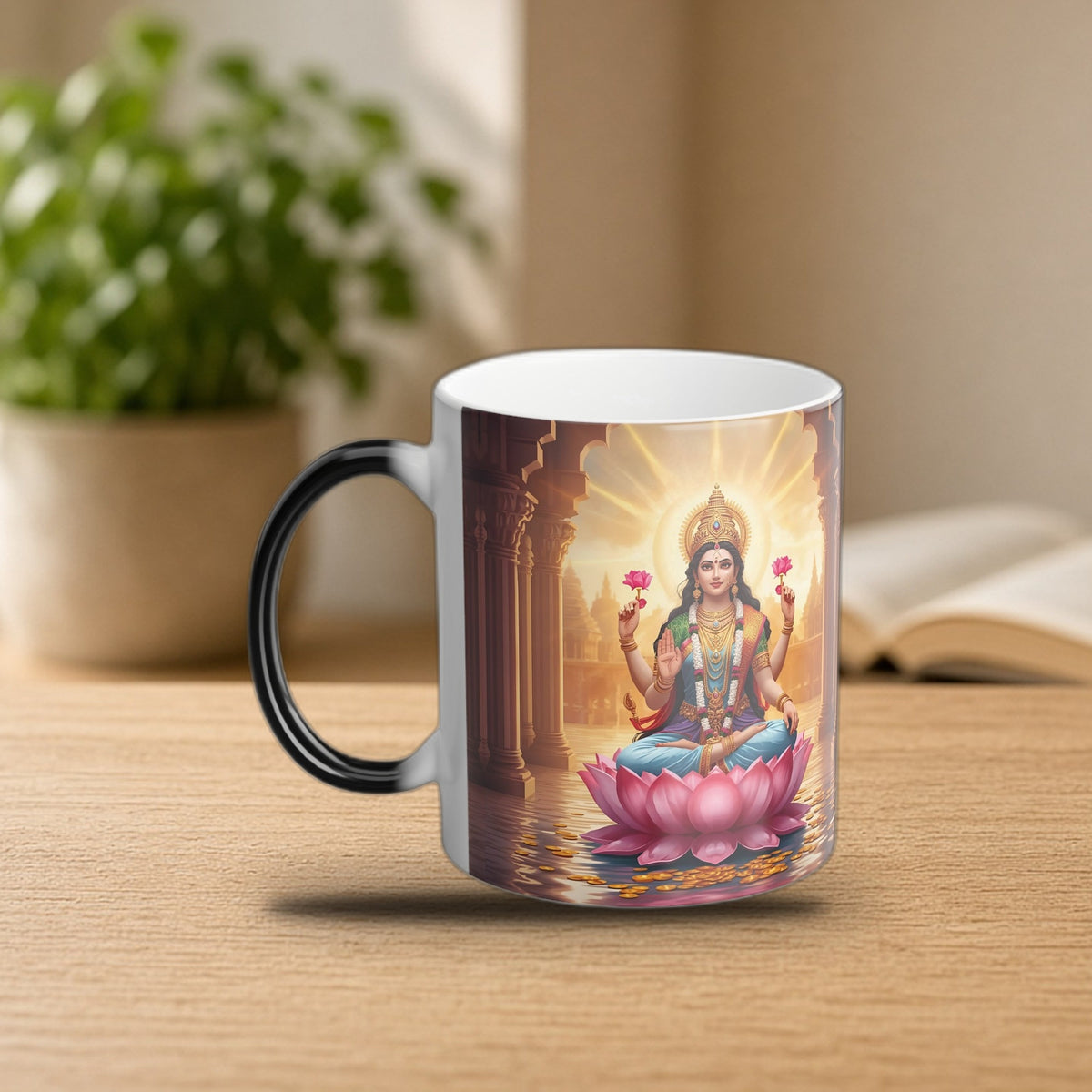 Goddess Lakshmi color-changing mug on a cozy morning desk
